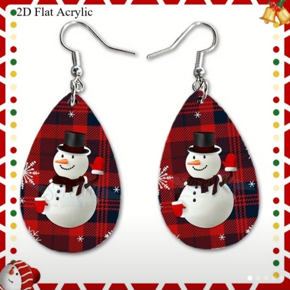 Plaid Snowman Drop Christmas Earrings